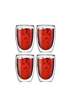 Yeni Tasarım Çift Cidarlı Borosilikat 350 ml Şeffaf Cam Bardak 4 Adet 2772