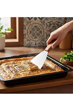 Paslanmaz Çelik Ahşap Saplı Üçgen Şekilli Düz Hamur Pasta Börek Kesici Kazıyıcı Spatula 1 Adet