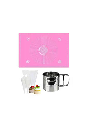 Pembe 45x65 Cm Silikon Hamur Açma Matı, Çelik Un Eleği ve Kullan At Krema Sıkma Torbası Seti