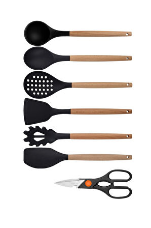 Siyah Bambu Silikon - Kepçe, Kaşık, Kevgir, Makarna, Açılı - Düz Spatula, Makas 7 Li Set