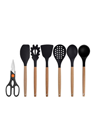 Siyah Bambu Silikon - Kepçe, Kaşık, Kevgir, Makarna, Açılı - Düz Spatula, Makas 7 Li Set