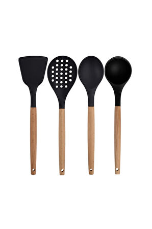 Siyah Bambu Silikon - Kepçe, Kaşık, Kevgir, Makarna, Açılı - Düz Spatula, Makas 7 Li Set