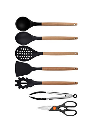 Siyah Bambu Silikon - Kepçe, Kaşık, Kevgir, Makarna, Açılı Spatula, Metal Maşa, Makas 7 li Set