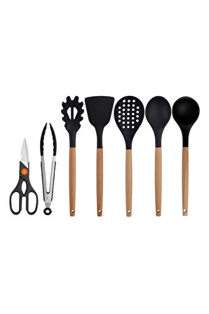 Siyah Bambu Silikon - Kepçe, Kaşık, Kevgir, Makarna, Açılı Spatula, Metal Maşa, Makas 7 li Set