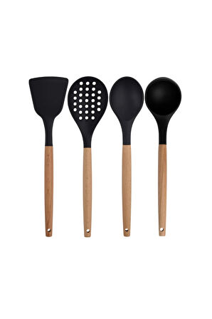 Siyah Bambu Silikon - Kepçe, Kaşık, Kevgir, Makarna, Açılı Spatula, Metal Maşa, Makas 7 li Set