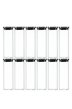 Vakum Krom Kapaklı Kare Cam Kavanoz 6x6*18 Cm -600 ML Cam Baharatlık Saklama Kabı 12 Adet