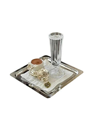 1 Adet Paslanmaz Çelik Gümüş Renk Sunum Tepsisi 21 X21 Cm Çay Kahve Pasta Tatlı Servis Sunum