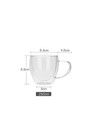 Yeni Tasarım Çift Cidarlı 250 ml Kulplu Cam Kupa, Çay Neskafe Fincanı, Çeyiz Listesi, 6 Adet 2037