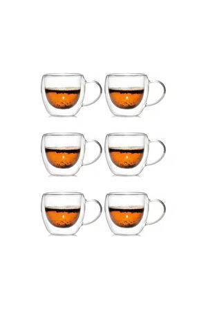 Yeni Tasarım Çift Cidarlı 250 ml Kulplu Cam Kupa, Çay Neskafe Fincanı, Çeyiz Listesi, 6 Adet 2037