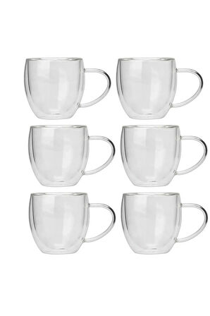 Yeni Tasarım Çift Cidarlı 250 ml Kulplu Cam Kupa, Çay Neskafe Fincanı, Çeyiz Listesi, 6 Adet 2037