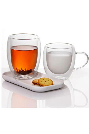 Yeni Tasarım Çift Cidarlı 250 ml Kulplu Cam Kupa, Çay Neskafe Fincanı, Çeyiz Listesi, 6 Adet 2037