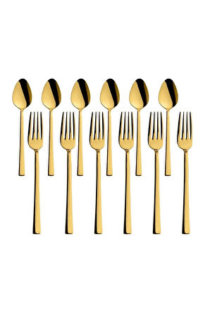 Parlak Gold Tatlı Çatal Ve Kaşık Seti - 12 Adet Kahvaltı Pasta Tatlı Çatal Kaşık Seti Kutulu Set