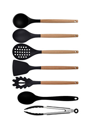 Siyah Bambu Silikon - Kepçe, Kaşık, Kevgir, Makarna, Spatula, Silikon Kaşık, Metal Maşa Seti
