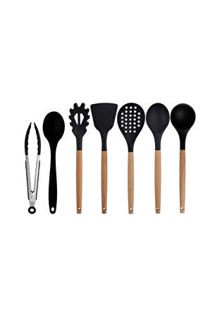 Siyah Bambu Silikon - Kepçe, Kaşık, Kevgir, Makarna, Spatula, Silikon Kaşık, Metal Maşa Seti