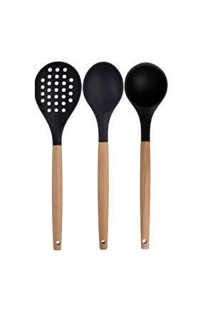 Siyah Bambu Silikon - Kepçe, Kaşık, Kevgir, Makarna, Spatula, Silikon Kaşık, Metal Maşa Seti