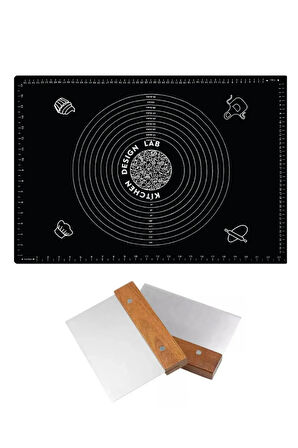 Siyah 45x65 Cm Silikon Hamur Açma Matı ve Paslanmaz Çelik Ahşap Saplı Hamur  Kesici Kazıyıcı Spatula