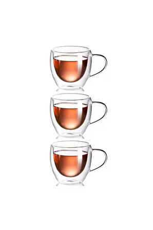 Neskafe Çay Fincanı Çift Cidarlı Cam Kupa 250 ml Kulplu Cam Bardak 3 Adet 2037