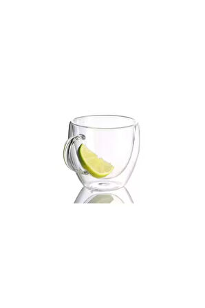 Neskafe Çay Fincanı Çift Cidarlı Cam Kupa 250 ml Kulplu Cam Bardak 3 Adet 2037