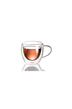 Neskafe Çay Fincanı Çift Cidarlı Cam Kupa 250 ml Kulplu Cam Bardak 3 Adet 2037