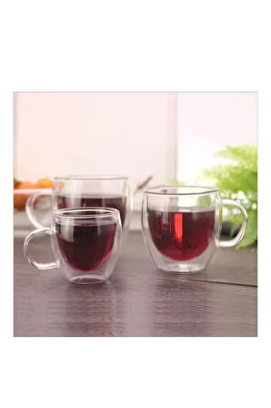 Neskafe Çay Fincanı Çift Cidarlı Cam Kupa 250 ml Kulplu Cam Bardak 3 Adet 2037