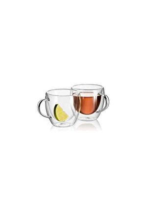 Neskafe Çay Fincanı Çift Cidarlı Cam Kupa 250 ml Kulplu Cam Bardak 3 Adet 2037