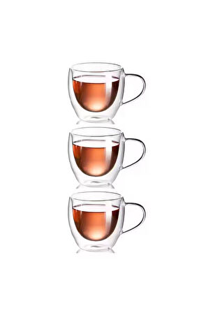 Neskafe Çay Fincanı Çift Cidarlı Cam Kupa 250 ml Kulplu Cam Bardak 3 Adet 2037