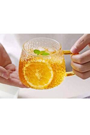 Ezme Dövülmüş Desen Kupa Sarı Kulplu 350 ml Cam Fincan 4 Adet