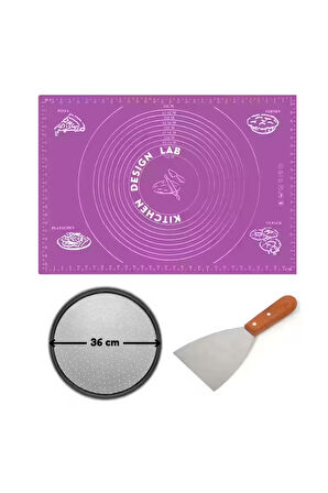 Mor Hamur Açma Matı 45 X 65 Cm, 36 Cm Pizza Tepsisi Ve Ahşap Uzun Saplı Hamur ve Pizza Kesici