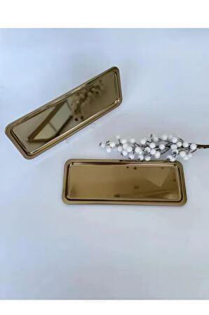 Paslanmaz Çelik Gold Renk Dikdörtgen Dar Metal Düz Sunum Tepsisi Çay Kahve Tatlı Sunum 2 Adet