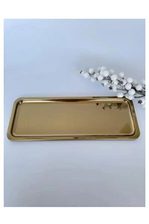 Paslanmaz Çelik Gold Renk Dikdörtgen Dar Metal Düz Sunum Tepsisi Çay Kahve Tatlı Sunum 2 Adet