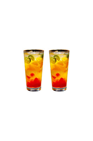 Yeni Tasarım Çizgili Uzun Cam Bardak, Meşrubat, Latte, Nescafe, Su Bardağı 300 ml - 2 Adet - 2441