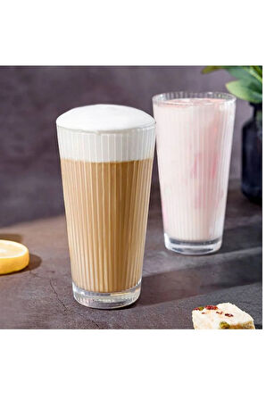 Yeni Tasarım Çizgili Uzun Cam Bardak, Meşrubat, Latte, Nescafe, Su Bardağı 300 ml - 2 Adet - 2441