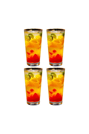 Yeni Tasarım Çizgili Uzun Cam Bardak, Meşrubat, Latte, Nescafe, Su Bardağı 300 ml - 4 Adet - 2441