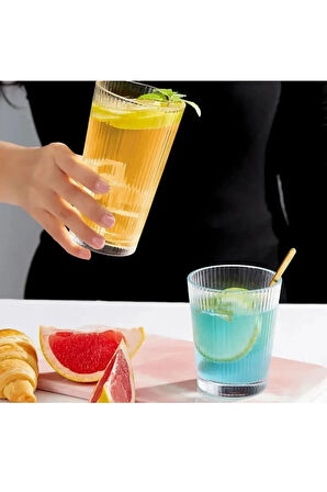 Yeni Tasarım Çizgili Uzun Cam Bardak, Meşrubat, Latte, Nescafe, Su Bardağı 300 ml - 4 Adet - 2441