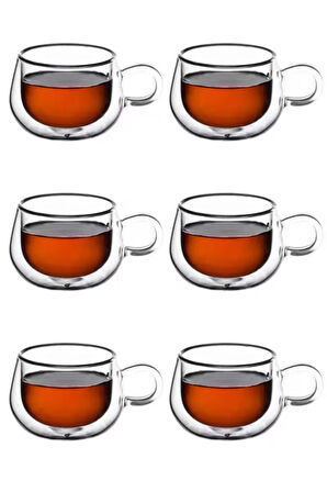 Yeni Tasarım Çift Cidarlı 200 ml Kulplu Cam Bardak, Çay Neskafe Fincanı, Çeyiz Listesi, 6 Adet 2673