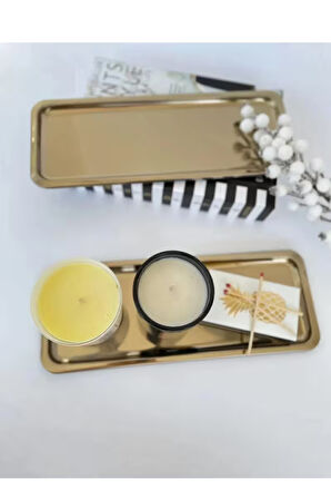 Paslanmaz Çelik Gold Renk Dikdörtgen Dar Metal Düz Sunum Tepsisi Çay Kahve Tatlı Sunum 6 Adet