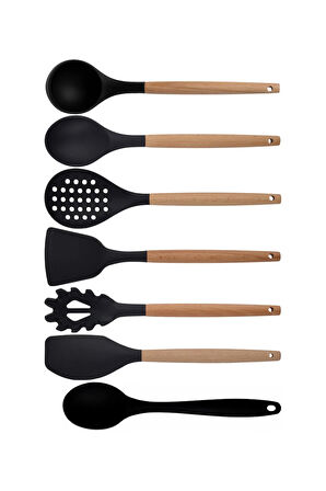 Siyah Bambu Silikon - Kepçe, Kaşık, Kevgir, Makarna, Açılı - Düz Spatula, Silikon Kaşık 7 Li Set