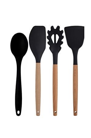 Siyah Bambu Silikon - Kepçe, Kaşık, Kevgir, Makarna, Açılı - Düz Spatula, Silikon Kaşık 7 Li Set
