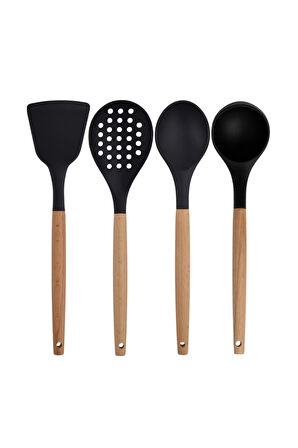 Siyah Bambu Silikon - Kepçe, Kaşık, Kevgir, Makarna, Açılı - Düz Spatula, Silikon Kaşık 7 Li Set