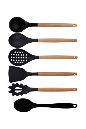 Siyah Bambu Silikon - Kepçe, Kaşık, Kevgir, Makarna, Açılı Spatula, Silikon Kaşık Set