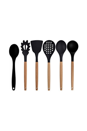 Siyah Bambu Silikon - Kepçe, Kaşık, Kevgir, Makarna, Açılı Spatula, Silikon Kaşık Set