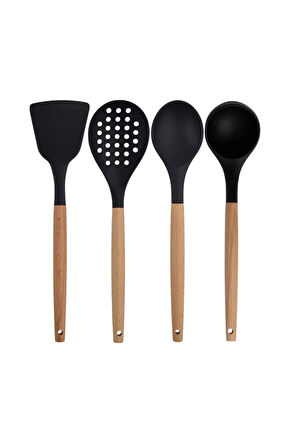 Siyah Bambu Silikon - Kepçe, Kaşık, Kevgir, Makarna, Açılı Spatula, Silikon Kaşık Set