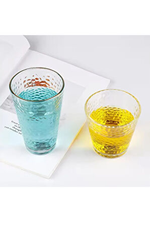 Ezme Dövülmüş Desen Tasarım Cam Su, Meşrubat, Latte, Kahve, Smoothie Bardağı 350 ml 2 Adet - 4361