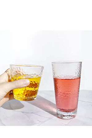 Ezme Dövülmüş Desen Tasarım Cam Su, Meşrubat, Latte, Kahve, Smoothie Bardağı 350 ml 2 Adet - 4361
