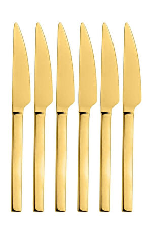 Parlak Gold Pasta Ve Tatlı Bıçağı Seti, Paslanmaz Çelik Kahvaltı Bıçak Seti 6 Adet, Kutulu