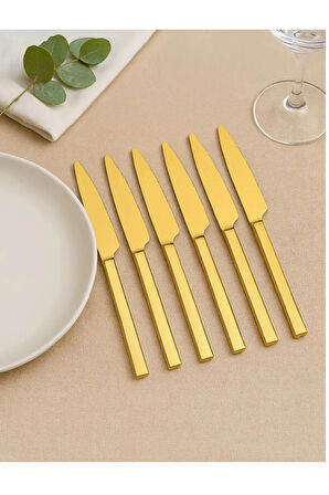Parlak Gold Pasta Ve Tatlı Bıçağı Seti, Paslanmaz Çelik Kahvaltı Bıçak Seti 6 Adet, Kutulu