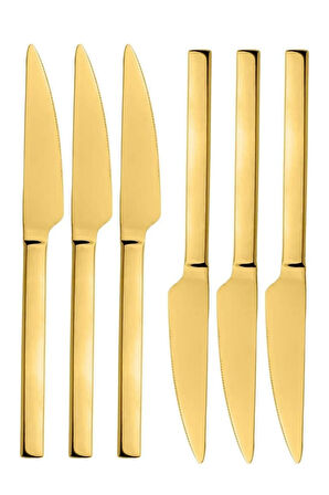Parlak Gold Pasta Ve Tatlı Bıçağı Seti, Paslanmaz Çelik Kahvaltı Bıçak Seti 6 Adet, Kutulu