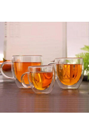 Neskafe Çay Fincanı Çift Cidarlı Cam Kupa 250 ml Kulplu Cam Bardak 4 Adet 2037