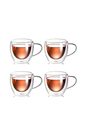 Neskafe Çay Fincanı Çift Cidarlı Cam Kupa 250 ml Kulplu Cam Bardak 4 Adet 2037