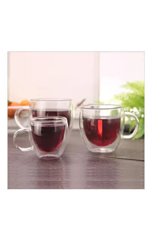 Neskafe Çay Fincanı Çift Cidarlı Cam Kupa 250 ml Kulplu Cam Bardak 4 Adet 2037